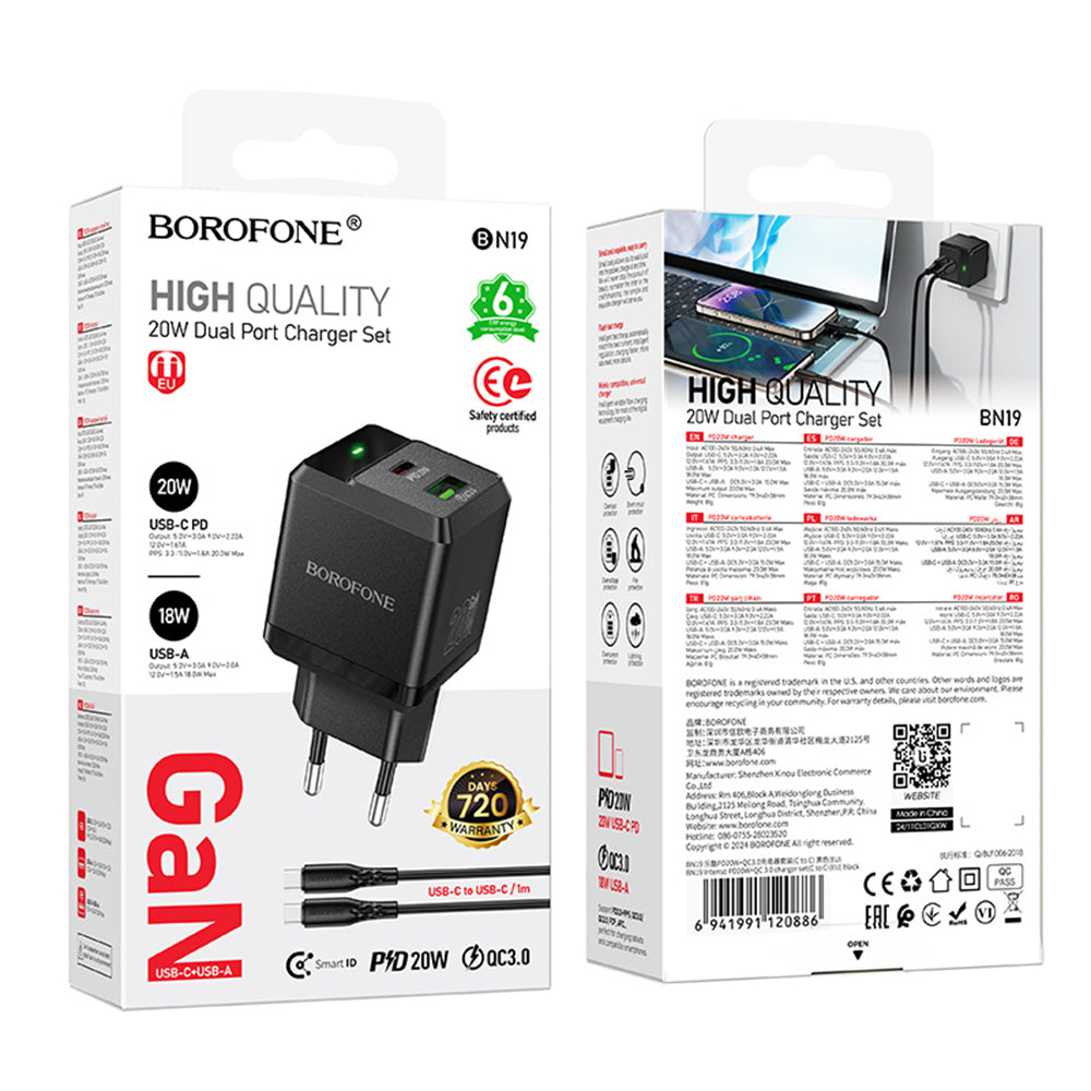 Carregador de Rede com Cabo USB-C Borofone BN19 Intenso, 20W, 3A, 1 x USB-A - 1 x USB-C, Preto