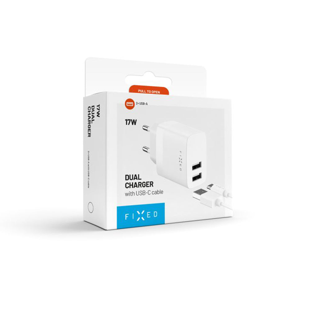 Carregador de Rede com Cabo USB-C Fixed, 17W, 3A, 2 x USB-A, Branco