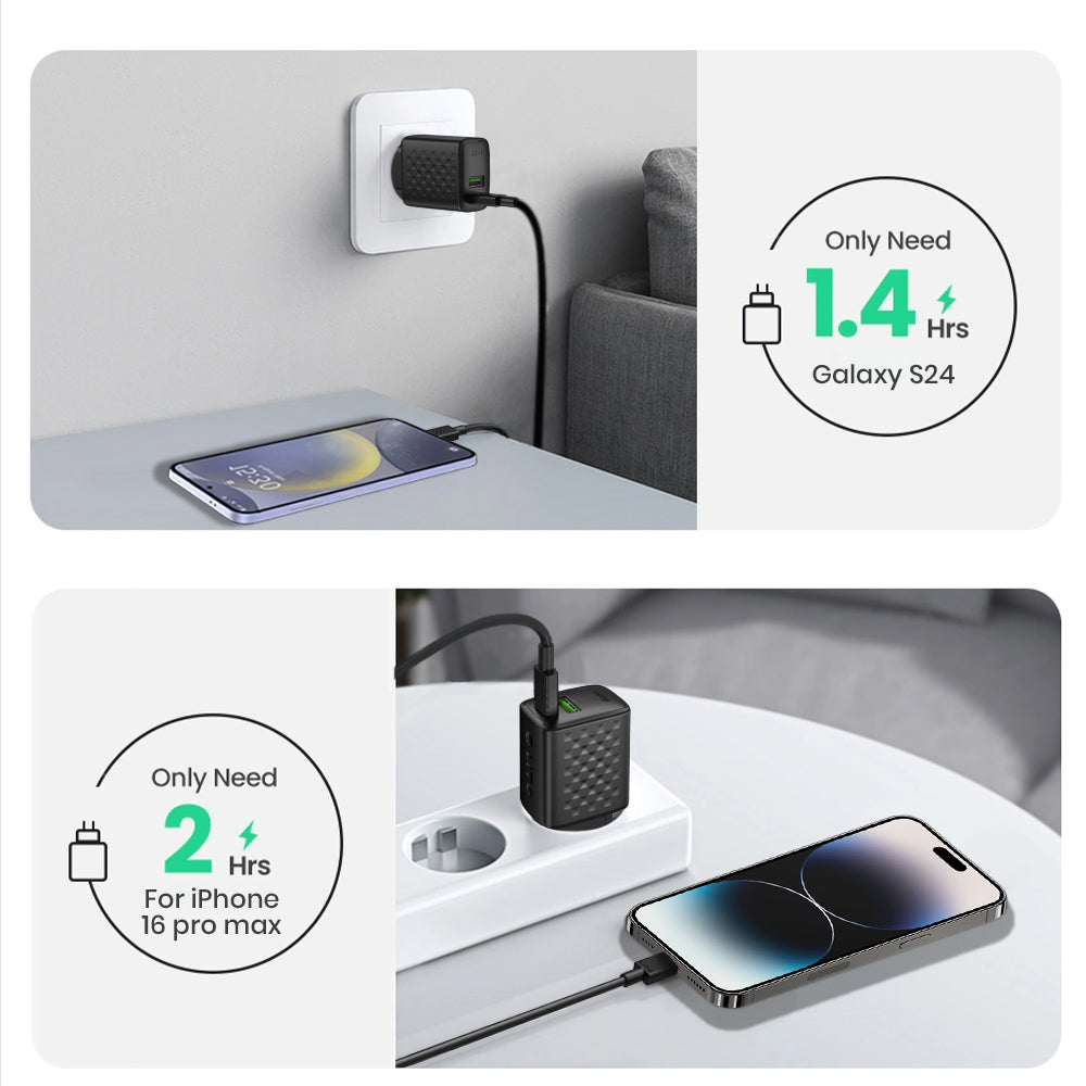 Carregador de Rede com Cabo USB-C Lito LC15T, 20W, 3A, 1 x USB-A - 1 x USB-C, Preto