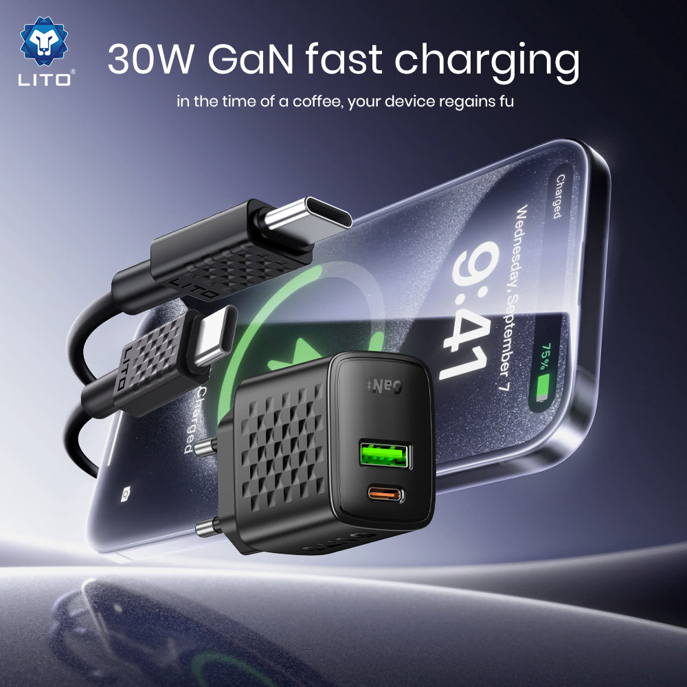 Carregador de Rede com Cabo USB-C Lito LC19T, 30W, 3A, 1 x USB-A - 1 x USB-C, Preto