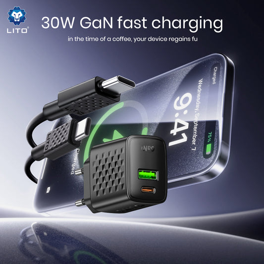 Carregador de Rede com Cabo USB-C Lito LC19T, 30W, 3A, 1 x USB-A - 1 x USB-C, Preto