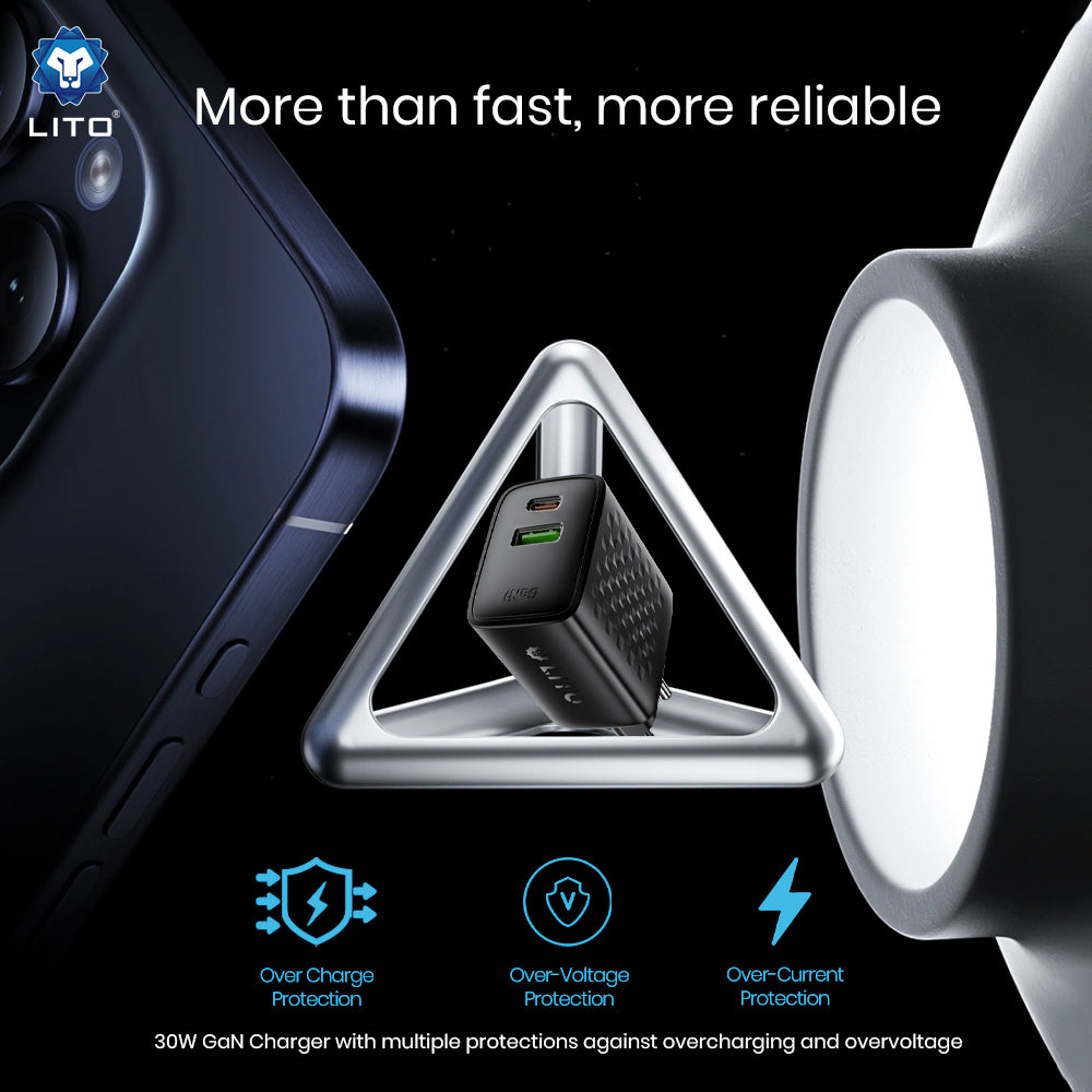 Carregador de Rede com Cabo USB-C Lito LC19T, 30W, 3A, 1 x USB-A - 1 x USB-C, Preto