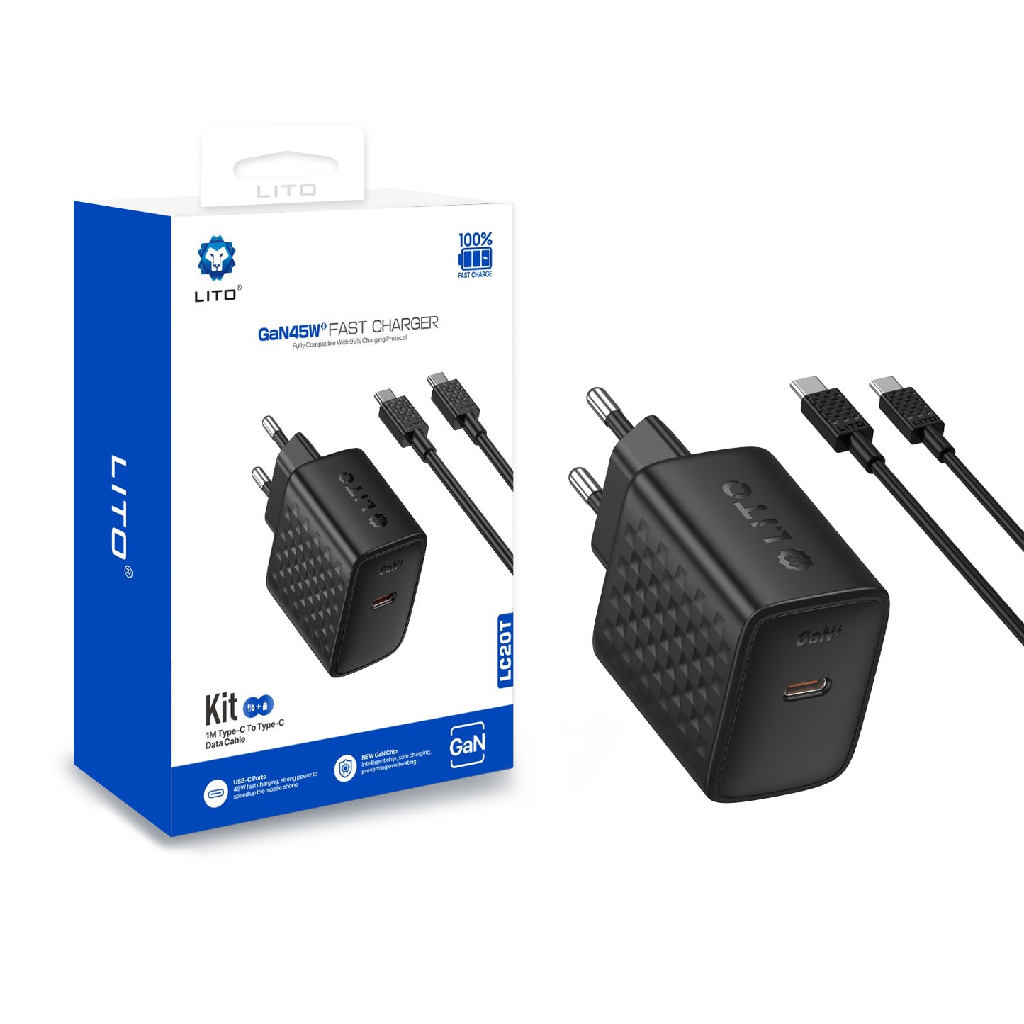 Carregador de Rede com Cabo USB-C Lito LC20T, 45W, 3A, 1 x USB-C, Preto