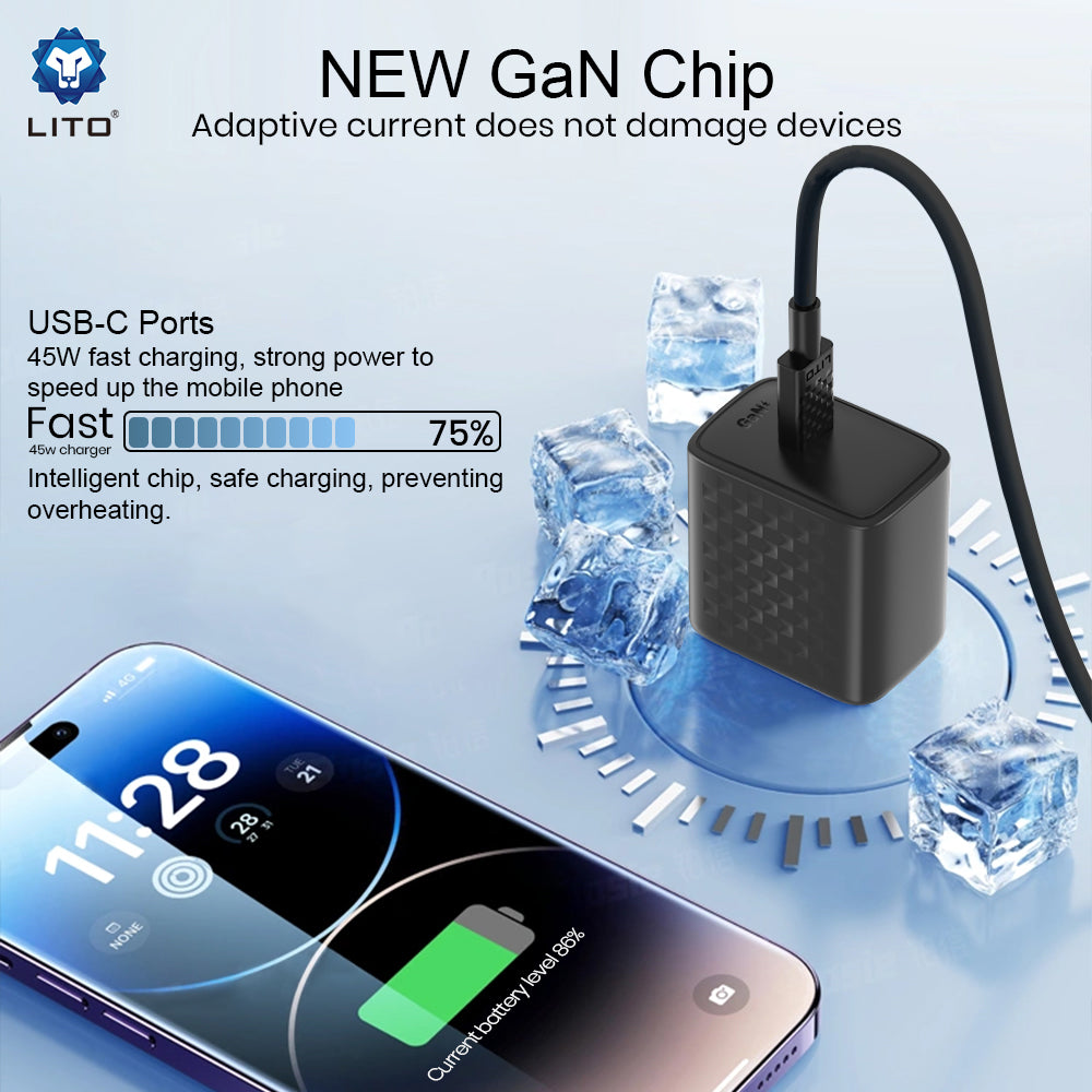 Carregador de Rede com Cabo USB-C Lito LC20T, 45W, 3A, 1 x USB-C, Preto