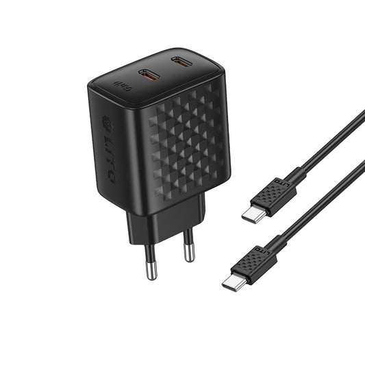 Carregador de Rede com Cabo USB-C Lito LC22T, 45W, 3A, 2 x USB-C, Preto