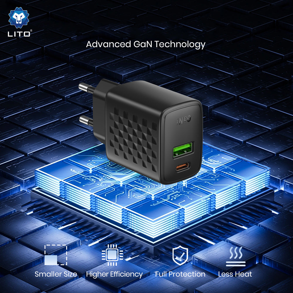 Carregador de Rede com Cabo USB-C Lito LC24T, 65W, 3.25A, 1 x USB-A - 1 x USB-C, Preto