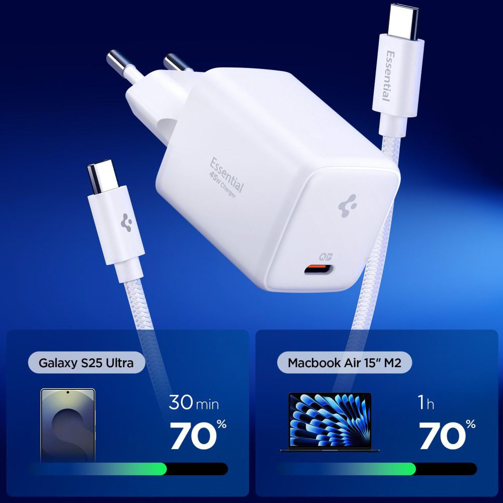 Carregador de Rede com Cabo USB-C Spigen EE451EU Essential, 45W, 3A, 1 x USB-C, Branco ACH09473