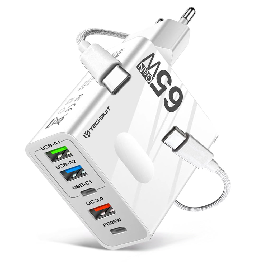 Carregador de Rede com Cabo USB-C Techsuit CHC1 PentaXPower, 25W, 3A, 3 x USB-A - 2 x USB-C, Branco