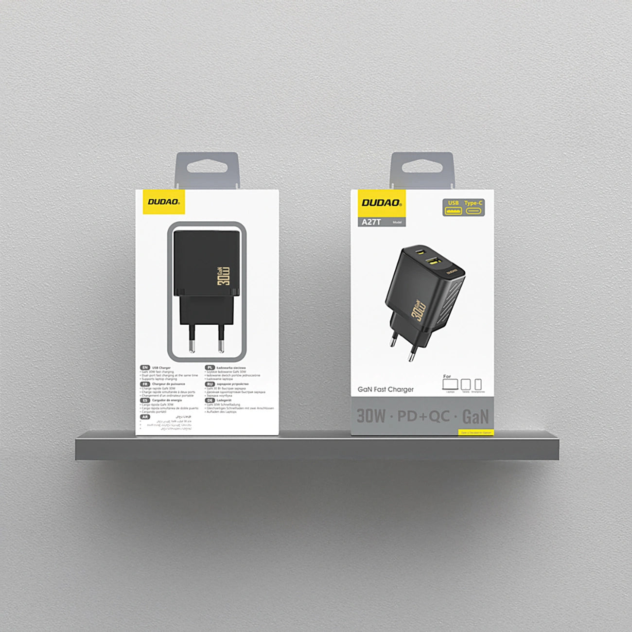 Carregador de Rede Dudao A27TEU, 30W, 3A, 1 x USB-A - 1 x USB-C, Preto