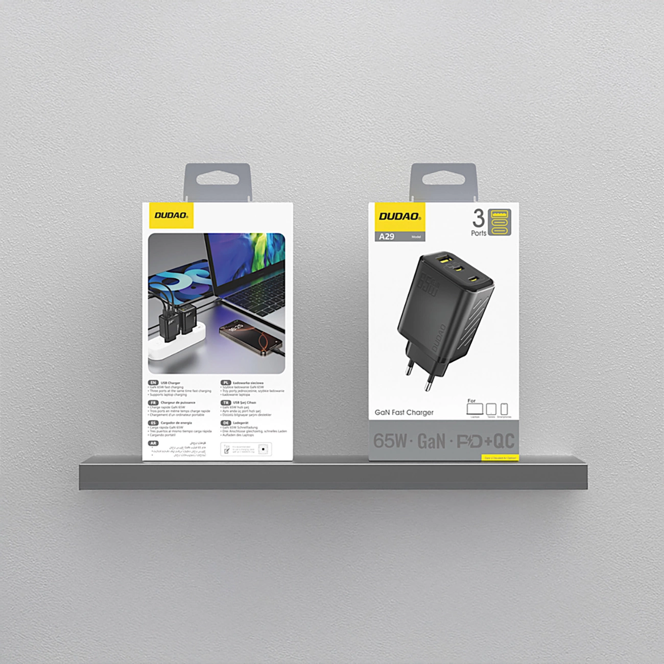 Carregador de Rede Dudao A29, 65W, 1 x USB-A - 2 x USB-C, Preto