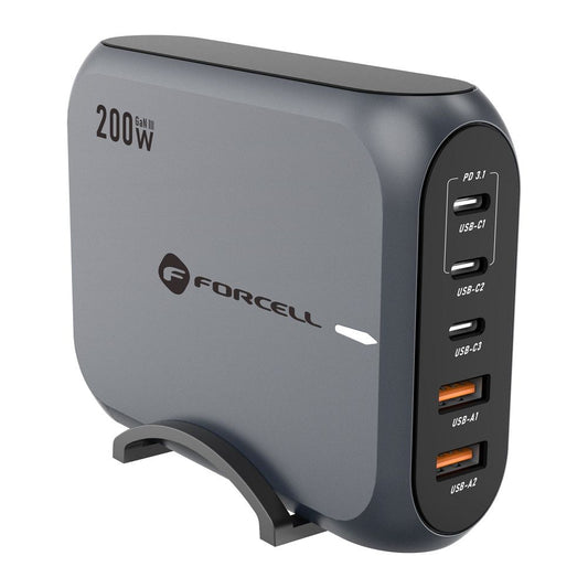Carregador de rede Forcell F-ENERGY GaN III VT-51, 200W, 5A, 2 x USB-A - 3 x USB-C, cinzento