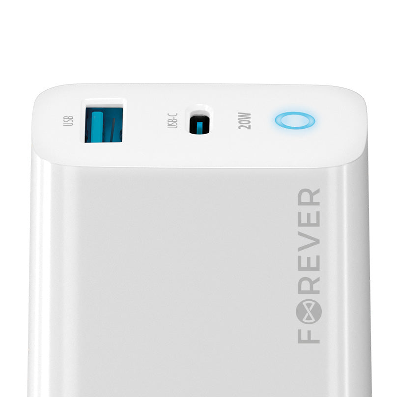 Carregador de rede Forever TC-06-20AC, 20W, 3A, 1 x USB-A - 1 x USB-C, branco