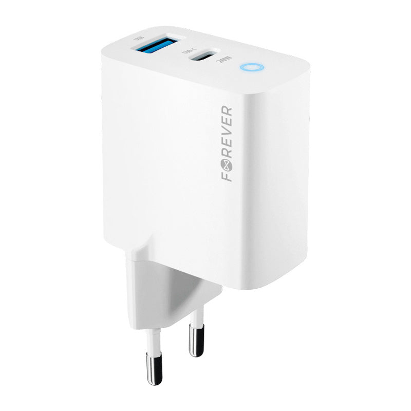 Carregador de rede Forever TC-06-20AC, 20W, 3A, 1 x USB-A - 1 x USB-C, branco