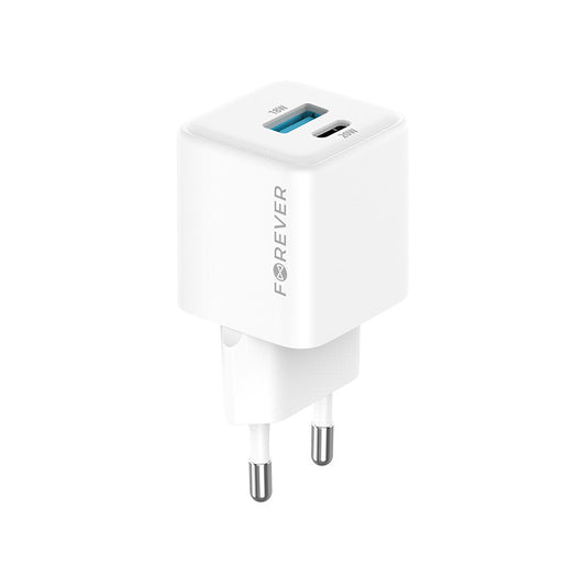 Carregador de Rede Forever TC-08-20AC, 20W, 3A, 1 x USB-A - 1 x USB-C, Branco