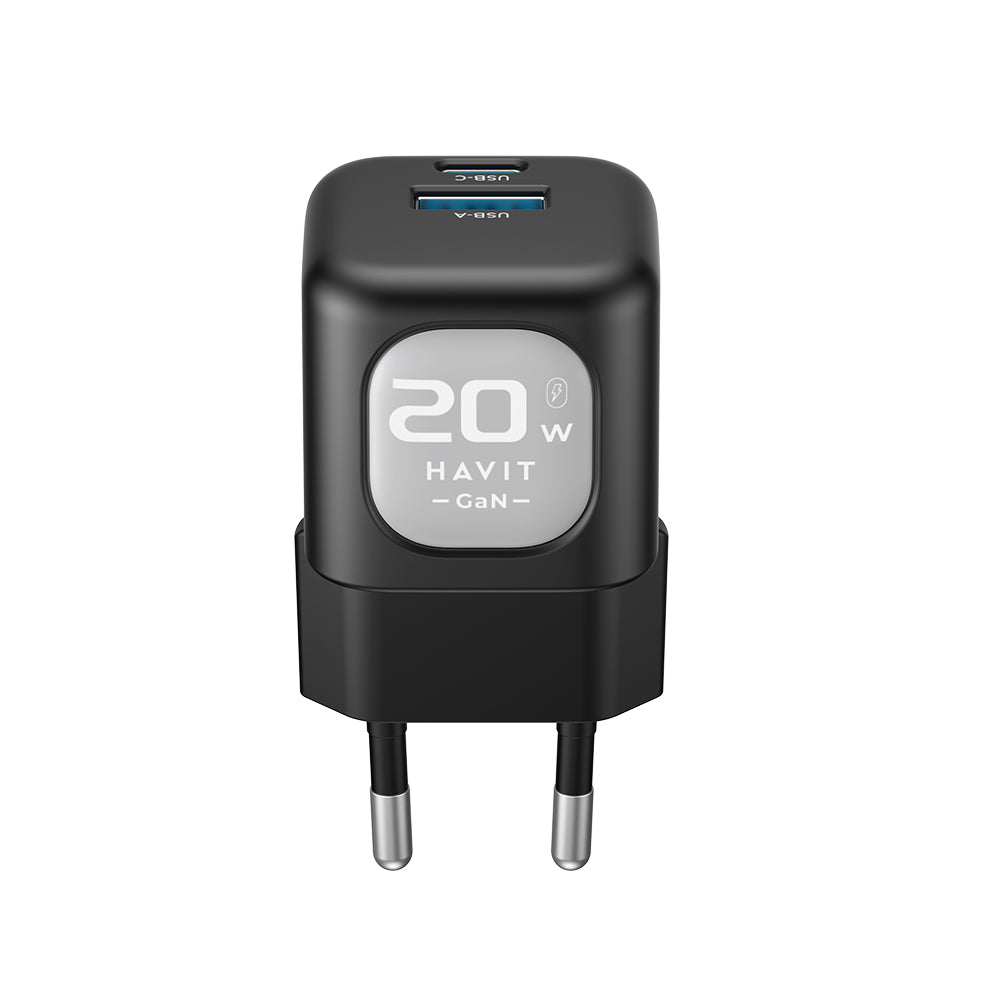 Carregador de Rede HAVIT UC220, 20W, 3A, 1 x USB-A - 1 x USB-C, Preto Cinzento