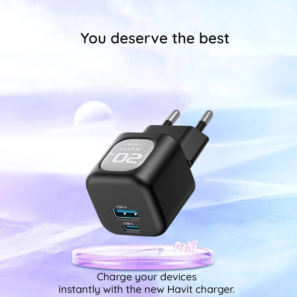 Carregador de Rede HAVIT UC220, 20W, 3A, 1 x USB-A - 1 x USB-C, Preto Cinzento