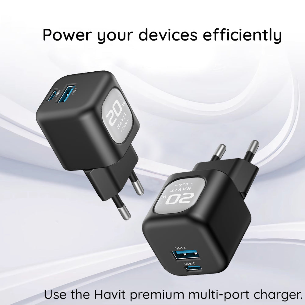 Carregador de Rede HAVIT UC220, 20W, 3A, 1 x USB-A - 1 x USB-C, Preto Cinzento