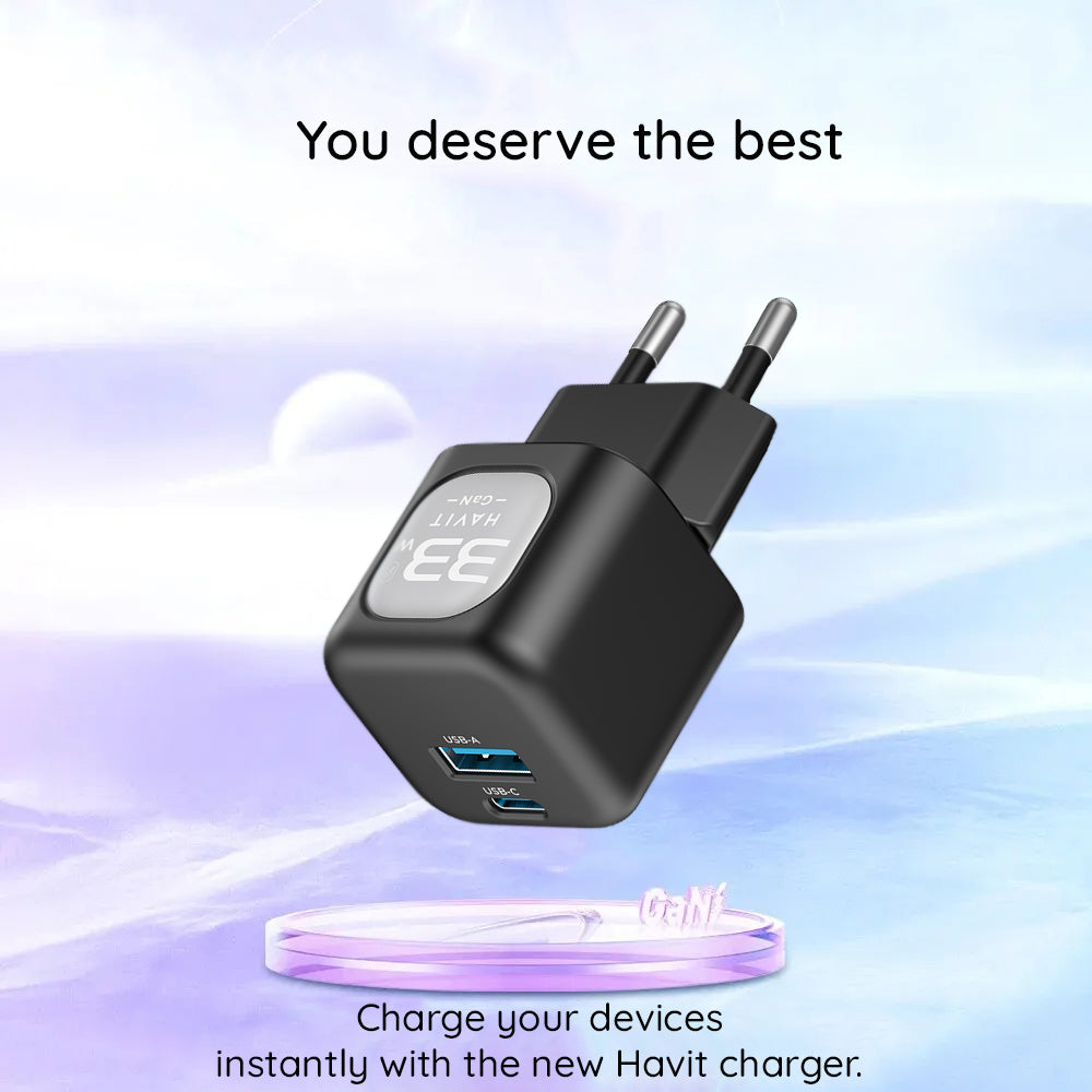 Carregador de Rede HAVIT UC230, 33W, 3A, 1 x USB-A - 1 x USB-C, Preto Cinzento