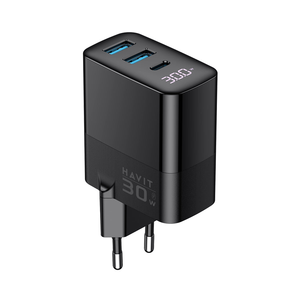 Carregador de Rede HAVIT UCLE001, 30W, 3A, 2 x USB-A - 1 x USB-C, Preto