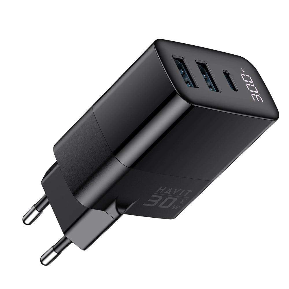 Carregador de Rede HAVIT UCLE001, 30W, 3A, 2 x USB-A - 1 x USB-C, Preto