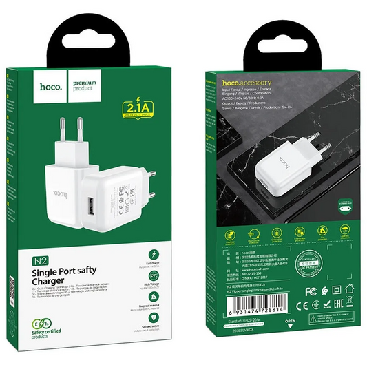 Carregador de Rede HOCO N2, 10W, 2A, 1 x USB-A, Branco