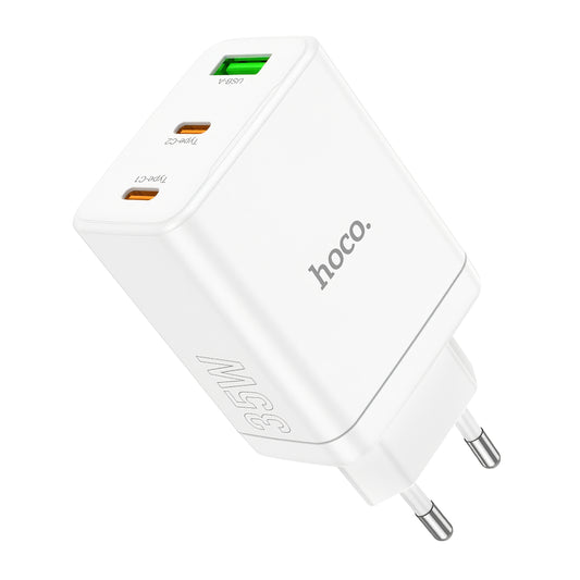 Carregador de rede HOCO N33, 35W, 3A, 1 x USB-A - 2 x USB-C, branco