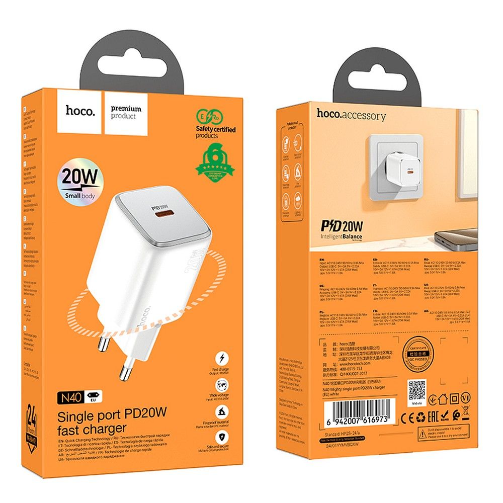 Carregador de Rede HOCO N40, 20W, 3A, 1 x USB-C, Branco