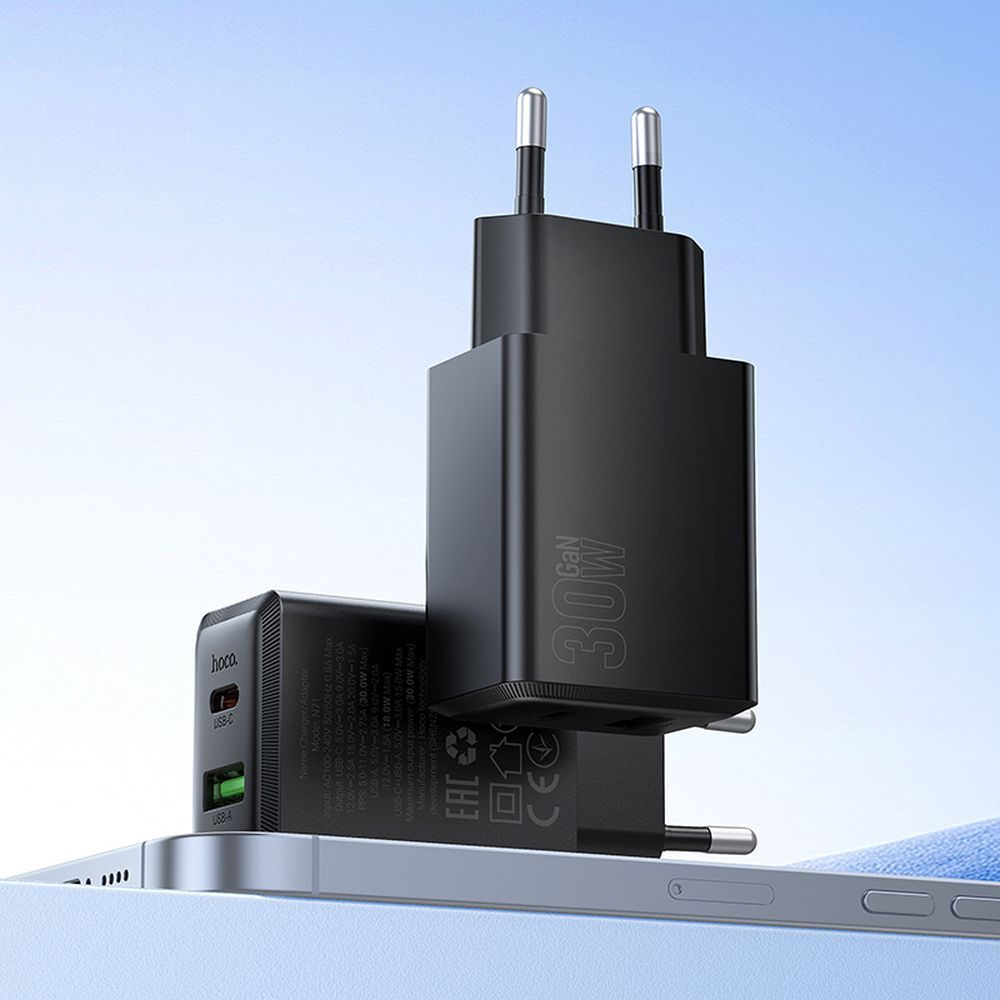 Carregador de Rede HOCO N71, 30W, 3A, 1 x USB-A - 1 x USB-C, Preto