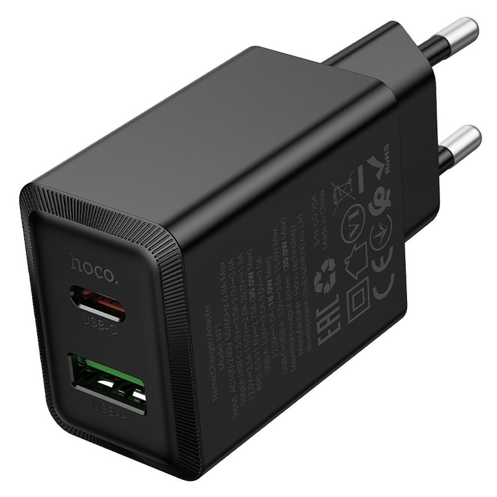 Carregador de Rede HOCO N71, 30W, 3A, 1 x USB-A - 1 x USB-C, Preto