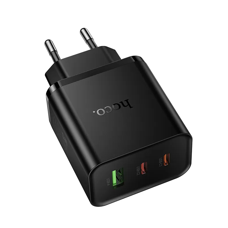 HOCO N75 Network Charger, 65W, 3A, 1 x USB-A - 2 x USB-C, Black