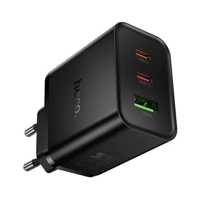 HOCO N75 Network Charger, 65W, 3A, 1 x USB-A - 2 x USB-C, Black