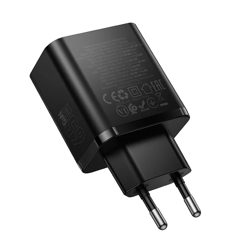 HOCO N75 Network Charger, 65W, 3A, 1 x USB-A - 2 x USB-C, Black
