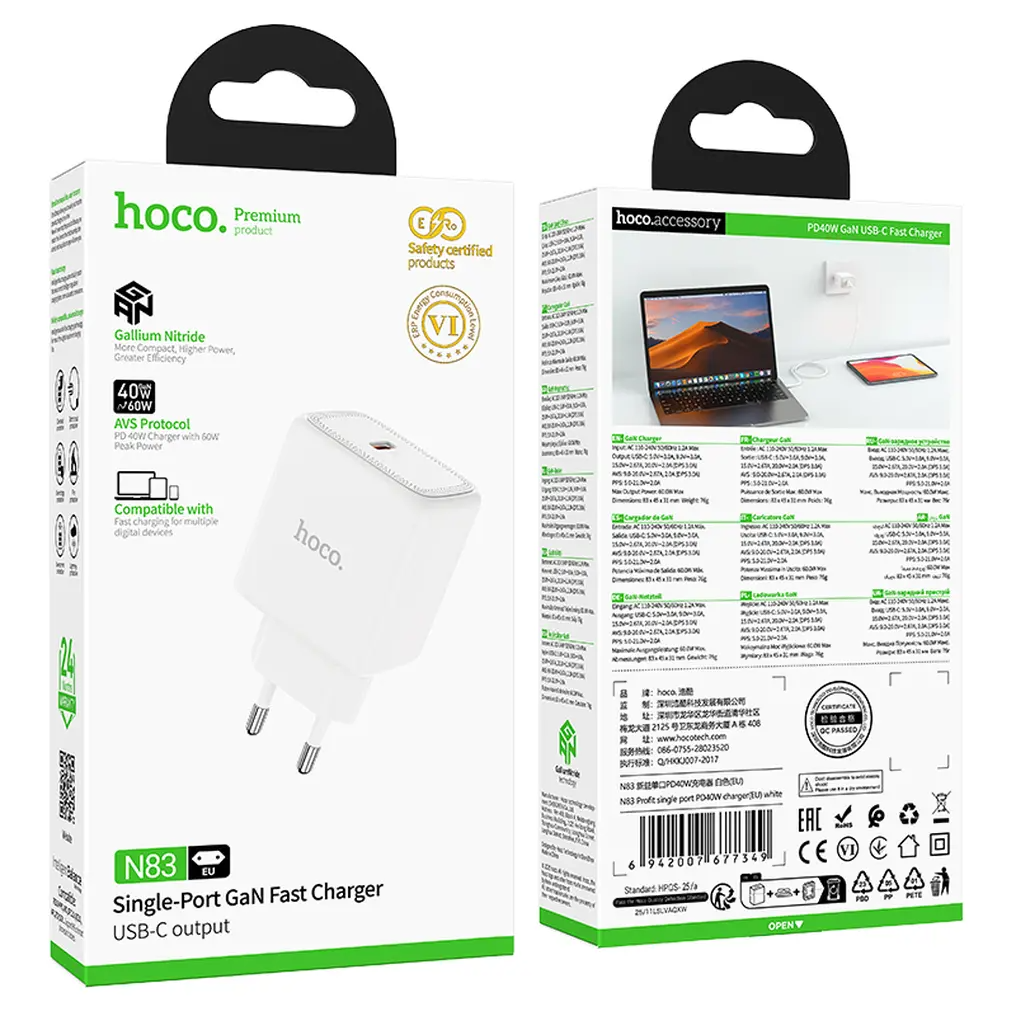 Carregador de Rede HOCO N83, 40W, 3A, 1 x USB-C, Branco