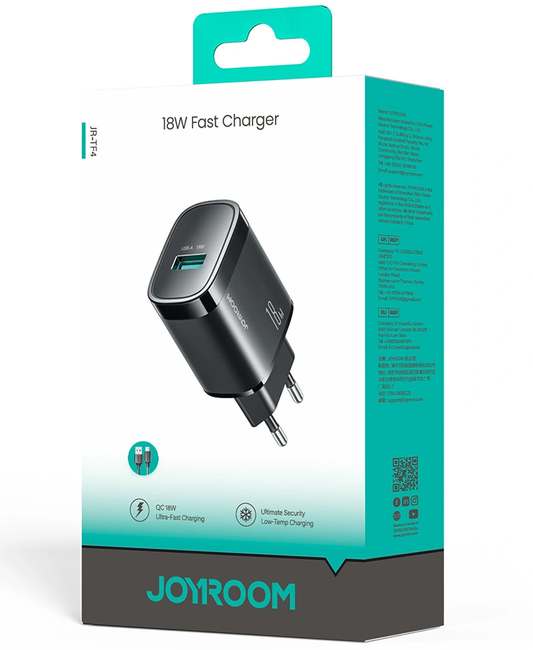 Carregador de Rede Joyroom JR-TF4, 18W, 3A, 1 x USB-A, Preto