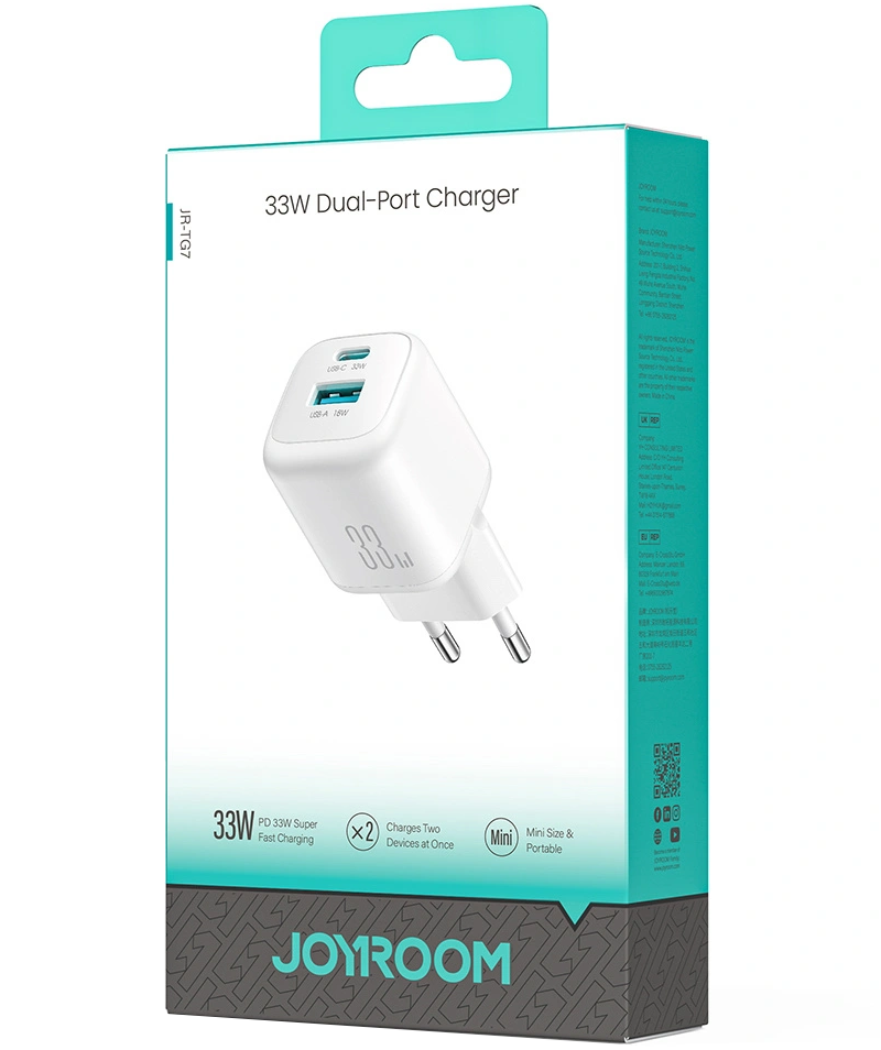 Joyroom JR-TG7 Network Charger, 33W, 3A, 1 x USB-A - 1 x USB-C, White