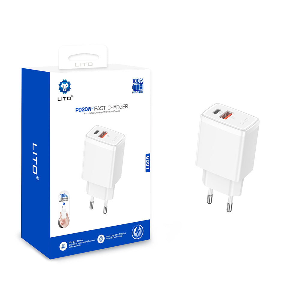 Carregador de Rede Lito LC09, 20W, 3A, 1 x USB-A - 1 x USB-C, Branco