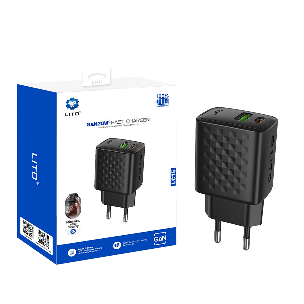 Carregador de Rede Lito LC15, 20W, 3A, 1 x USB-A - 1 x USB-C, Preto