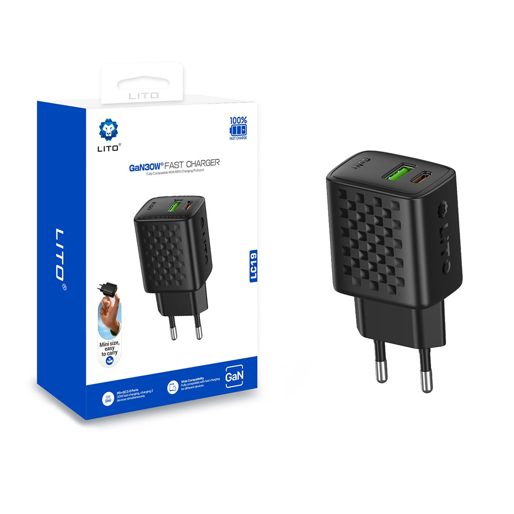 Carregador de Rede Lito LC19, 30W, 3A, 1 x USB-A - 1 x USB-C, Preto