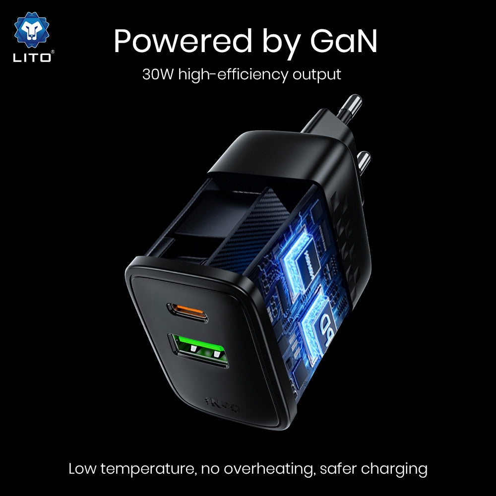 Carregador de Rede Lito LC19, 30W, 3A, 1 x USB-A - 1 x USB-C, Preto