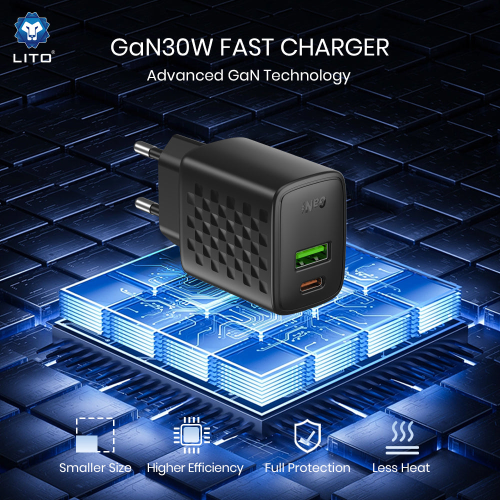 Carregador de Rede Lito LC19, 30W, 3A, 1 x USB-A - 1 x USB-C, Preto