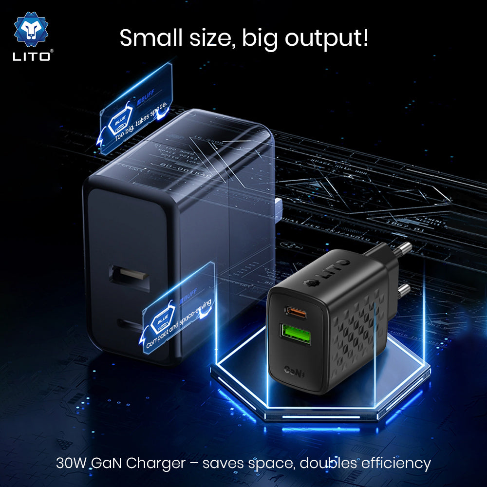 Carregador de Rede Lito LC19, 30W, 3A, 1 x USB-A - 1 x USB-C, Preto