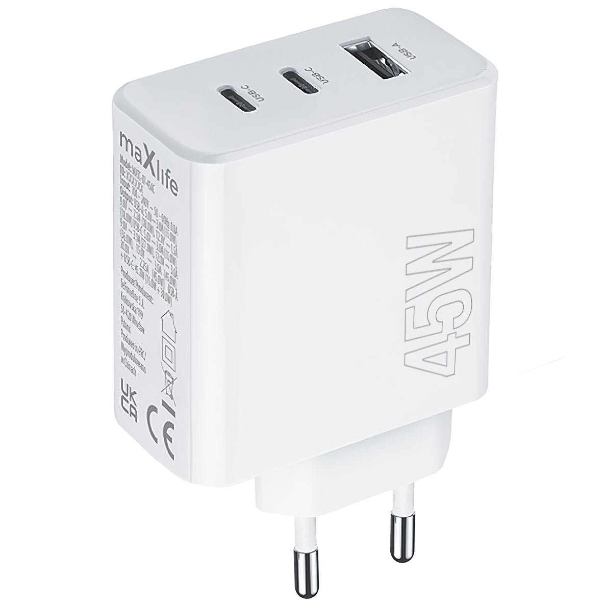 Carregador de Rede MaXlife MXTC-07-45ACC, 45W, 3A, 1 x USB-A - 2 x USB-C, Branco