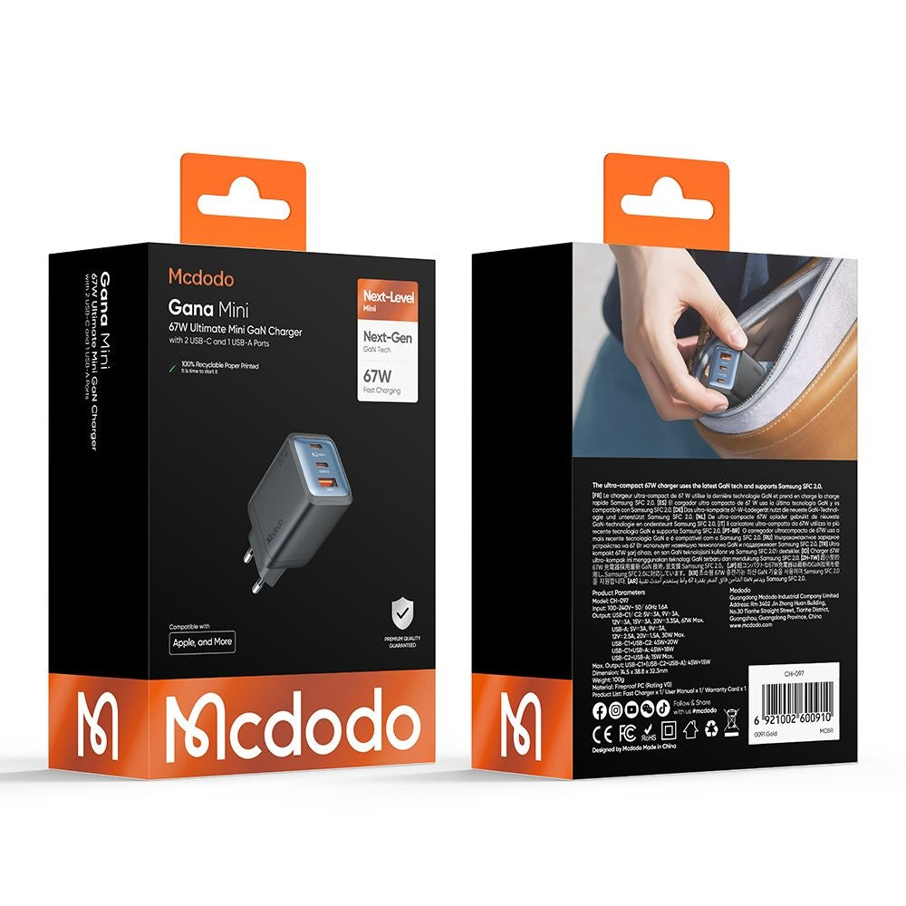 Carregador de Rede McDodo CH-0970 Gana Mini, 67W, 3A, 1 x USB-A - 2 x USB-C, Preto