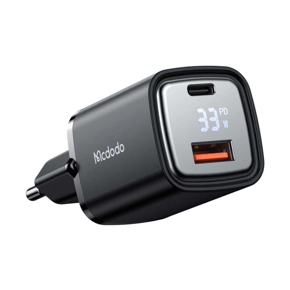 Carregador de Rede McDodo CH-1701 Graphite Display, 33W, 3A, 1 x USB-A - 1 x USB-C, Preto