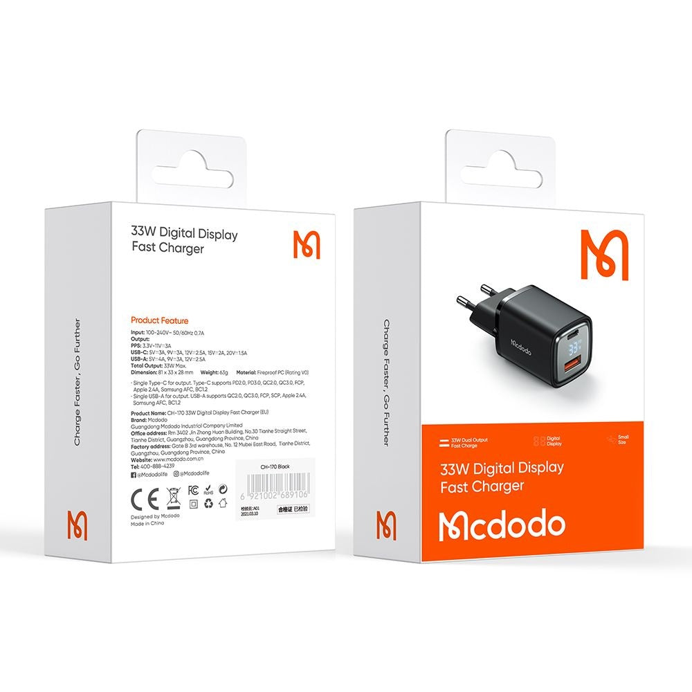 Carregador de Rede McDodo CH-1701 Graphite Display, 33W, 3A, 1 x USB-A - 1 x USB-C, Preto
