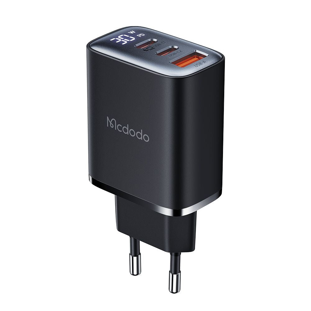 Carregador de Rede McDodo CH-2180 Display, 30W, 3A, 1 x USB-A - 2 x USB-C, Preto
