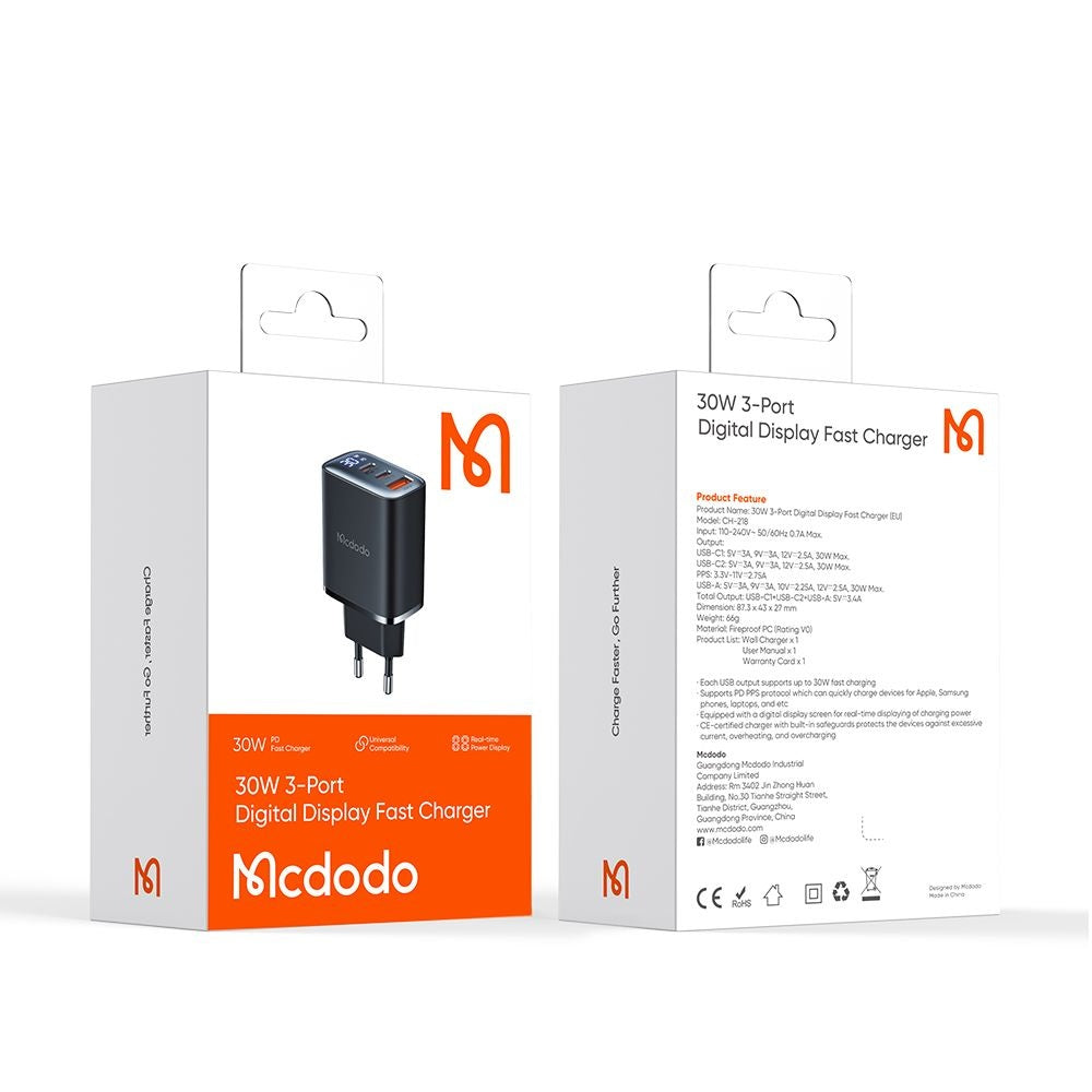 Carregador de Rede McDodo CH-2180 Display, 30W, 3A, 1 x USB-A - 2 x USB-C, Preto