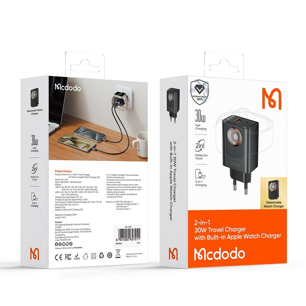 Carregador de Rede McDodo CH-3700 Companion, 30W, 3A, 1 x USB-A - 1 x USB-C, Preto
