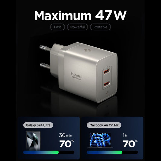 Carregador de Rede Spigen EE472EU Essential, 47W, 3A, 2 x USB-C, Cinzento Titânio ACH10451