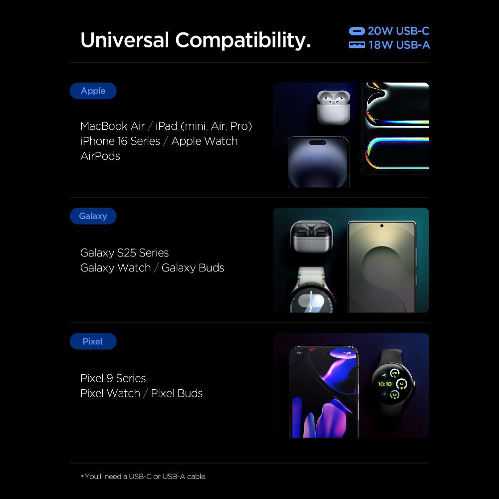 Carregador de Rede Spigen Essential, 20W, 3A, 1 x USB-A - 1 x USB-C, Branco